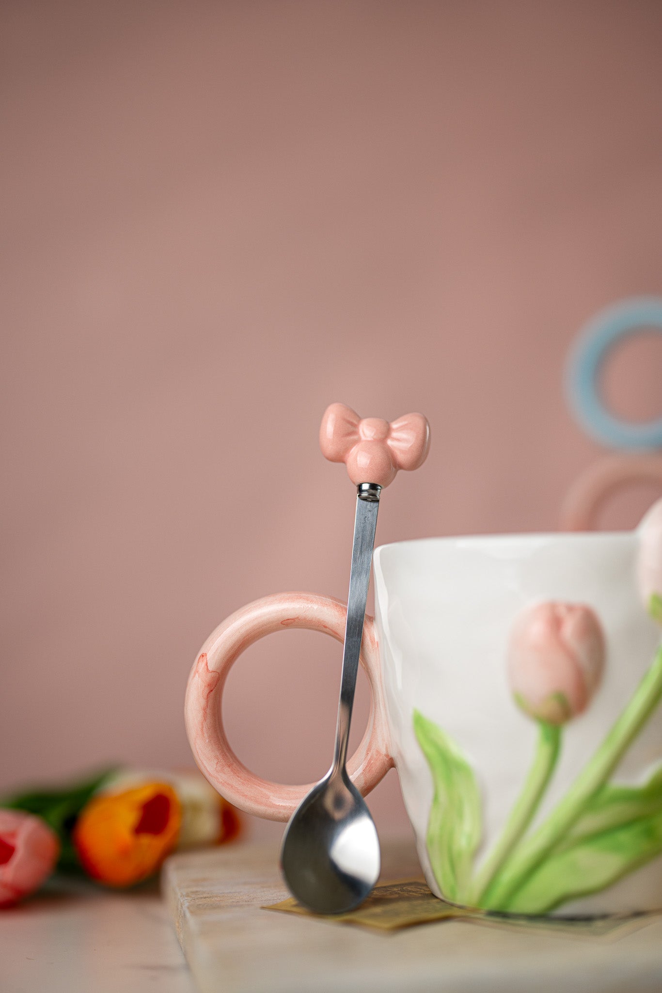 3D Tulip Ceramic Mug with Spoon Gift Set | Hand-Carved Floral Coffee Cup