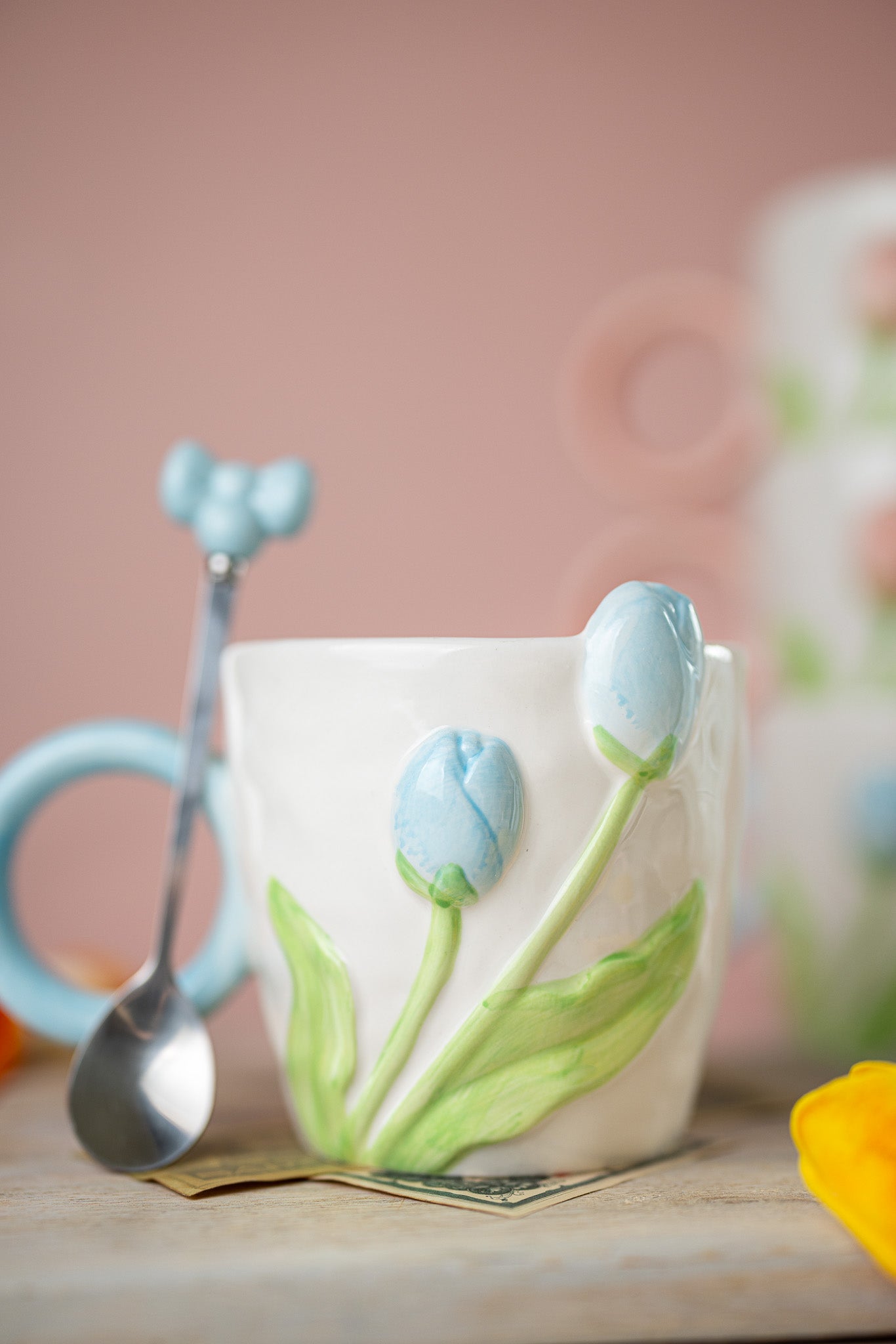 3D Tulip Ceramic Mug with Spoon Gift Set | Hand-Carved Floral Coffee Cup