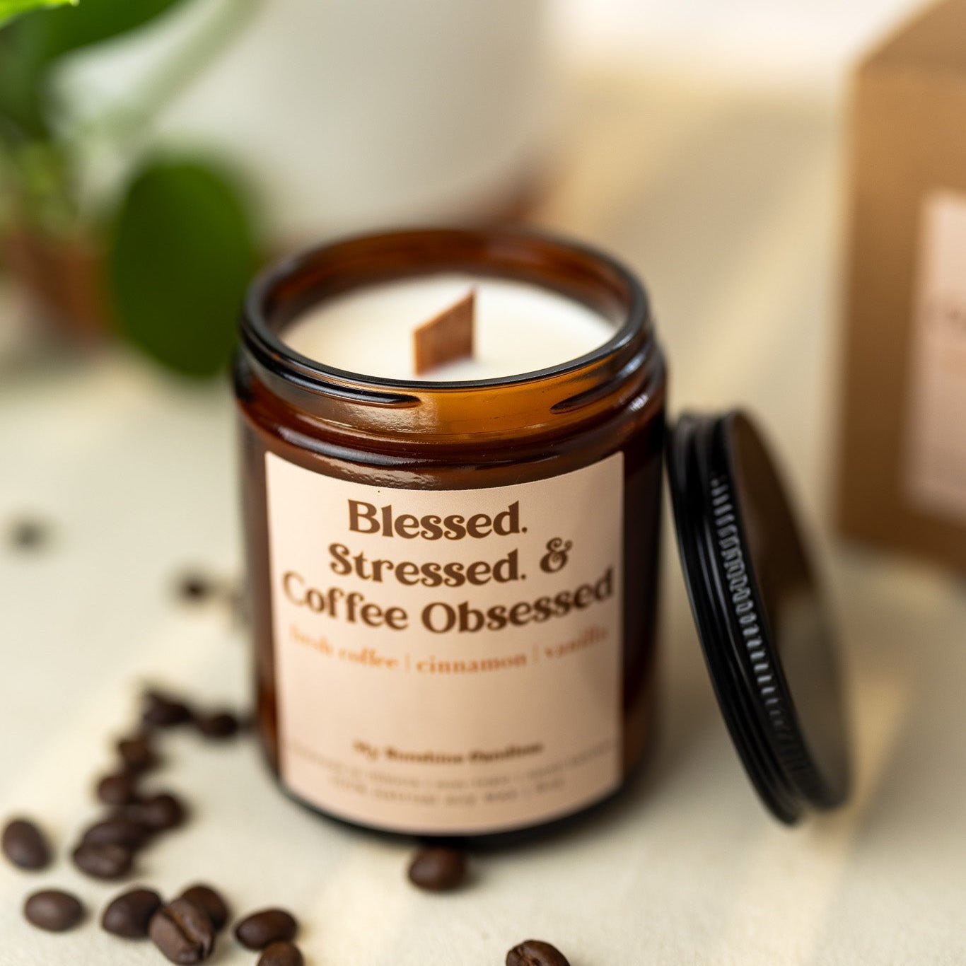 Blessed Stressed & Coffee Obsessed Candle – 8 oz Amber Jar Soy Candle – Funny Coffee Lover Gift