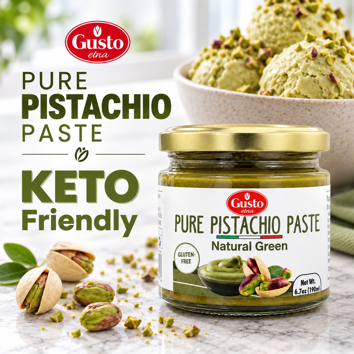 Gusto Etna 100% Pistachio Paste – Natural Green Color – Unsweetened – 172 g (6.07 oz)