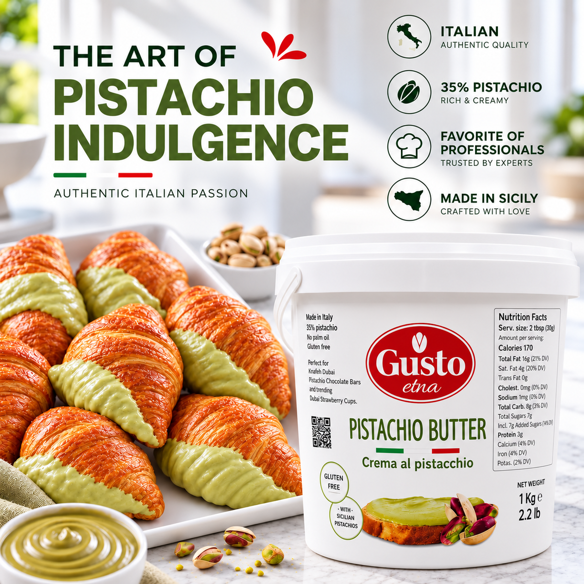 Gusto Etna Sicilian Pistachio Cream Butter – 35% Pistachio – 1 kg (2.2 lb)