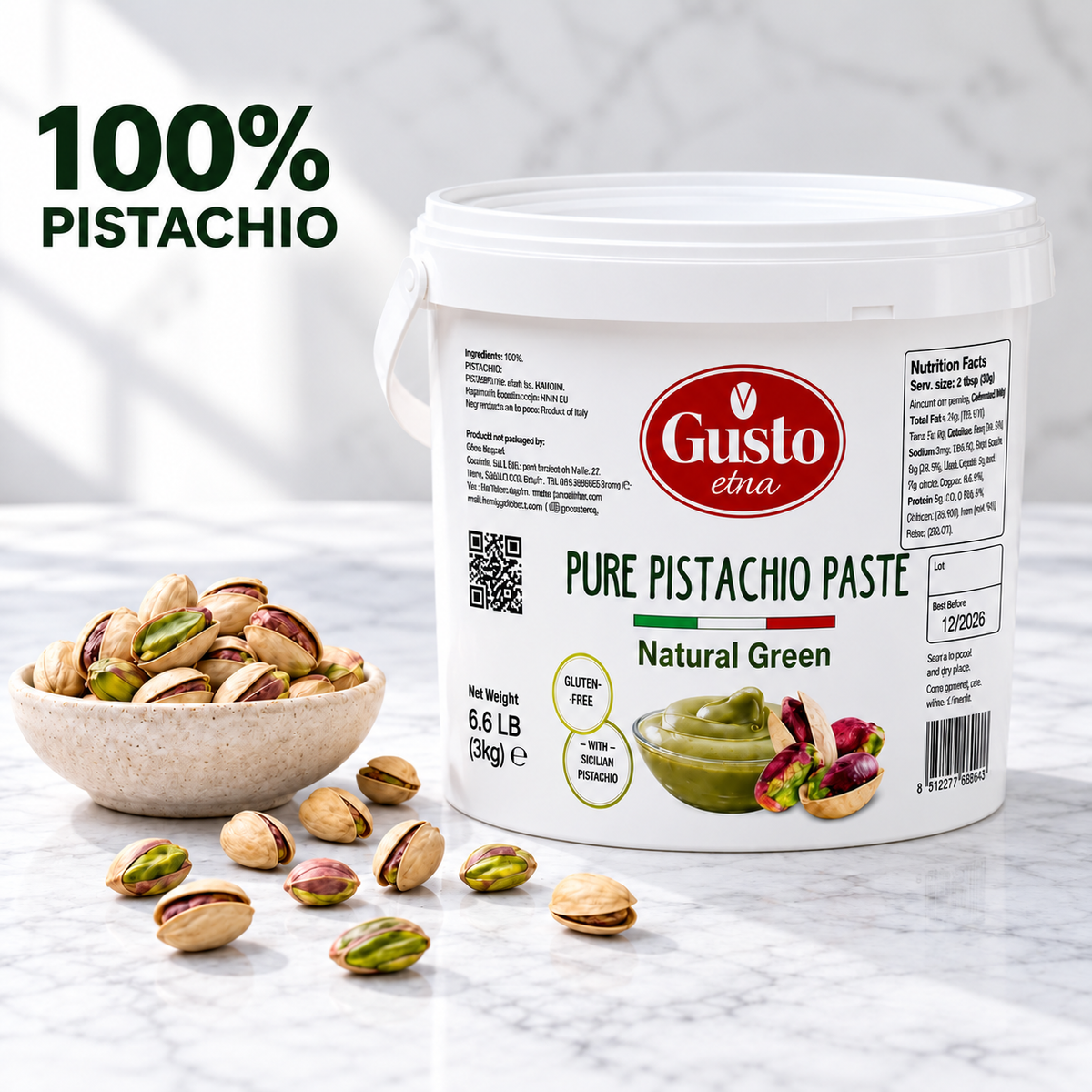 Gusto Etna 100% Pistachio Paste – Natural Green Color – Unsweetened – 3 kg (6.6 lb) Bulk