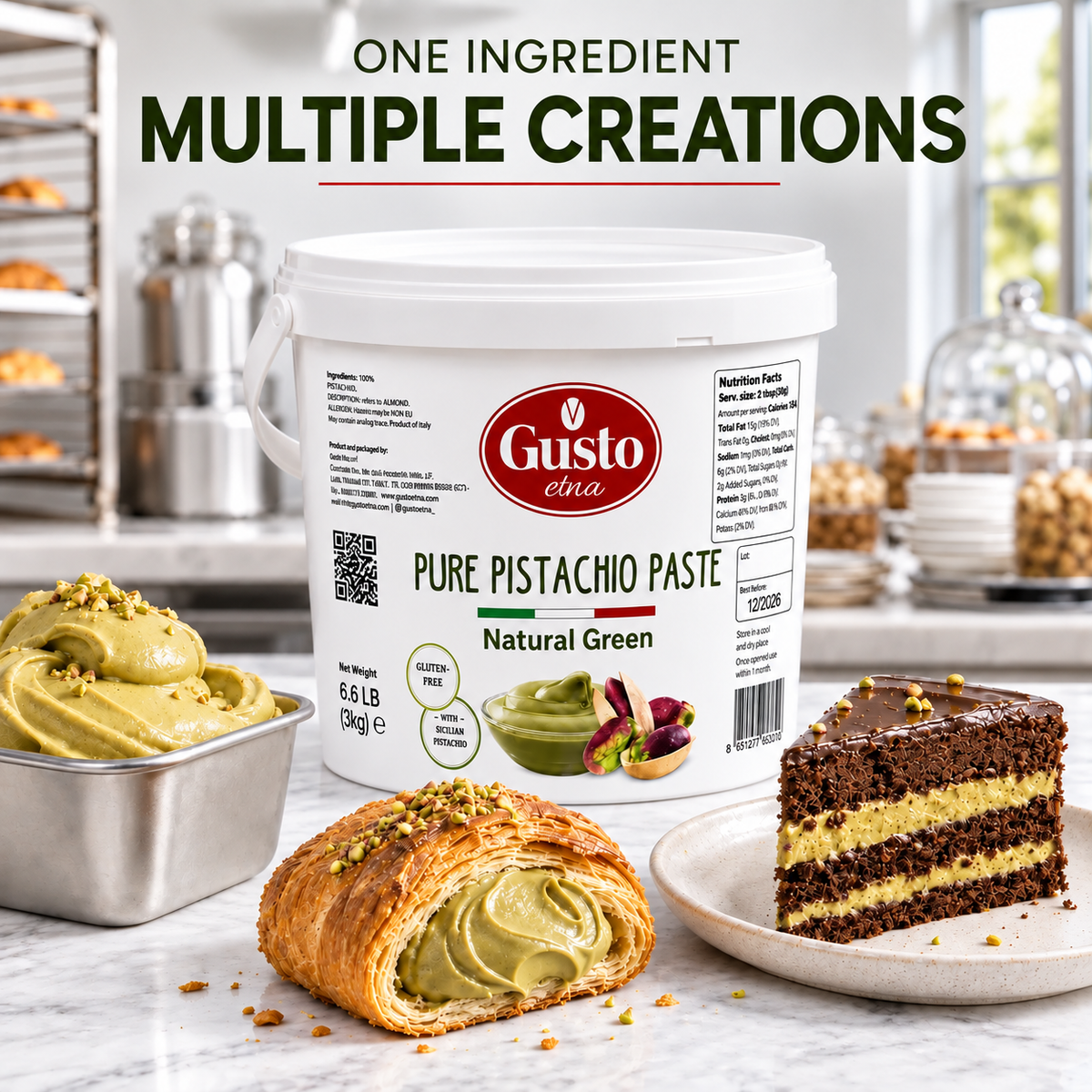 Gusto Etna 100% Pistachio Paste – Natural Green Color – Unsweetened – 3 kg (6.6 lb) Bulk