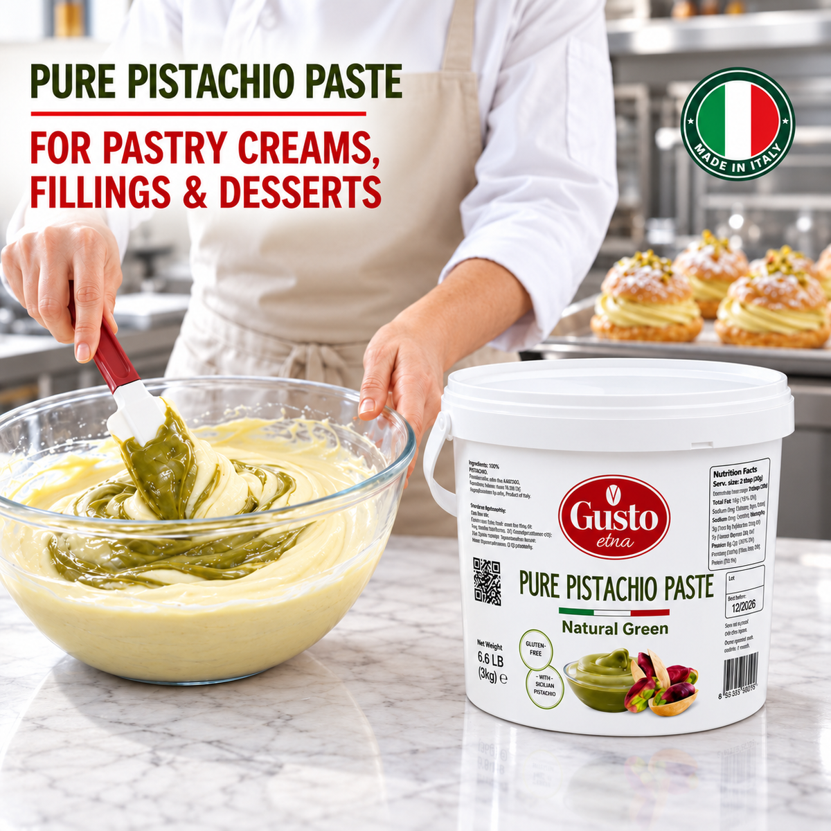 Gusto Etna 100% Pistachio Paste – Natural Green Color – Unsweetened – 3 kg (6.6 lb) Bulk