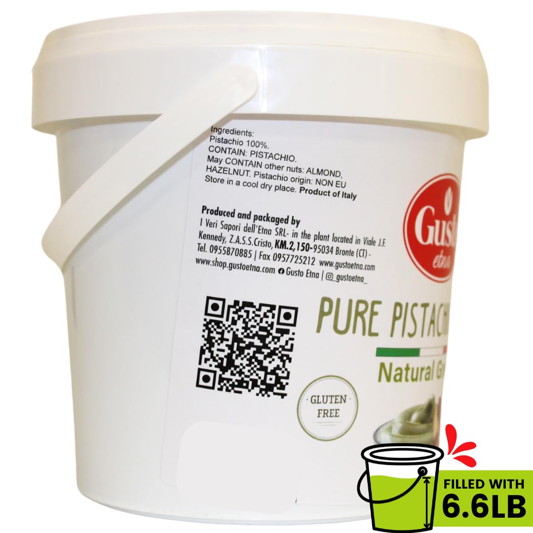 Gusto Etna 100% Pistachio Paste – Natural Green Color – Unsweetened – 3 kg (6.6 lb) Bulk