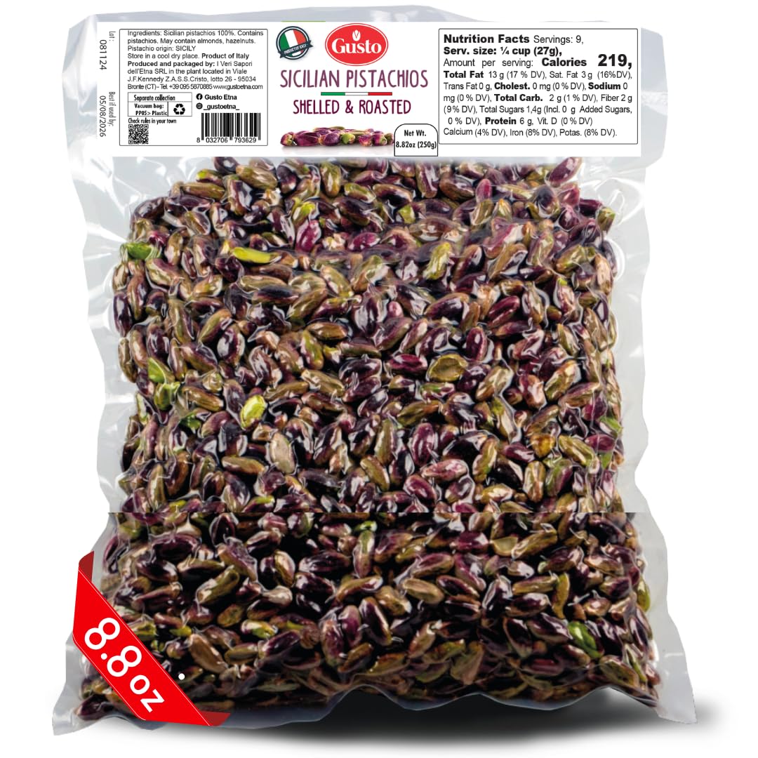 Gusto Etna 100% Sicilian Pistachios from Bronte – Roasted, Shelled, Unsalted, 250g / 8.8 oz