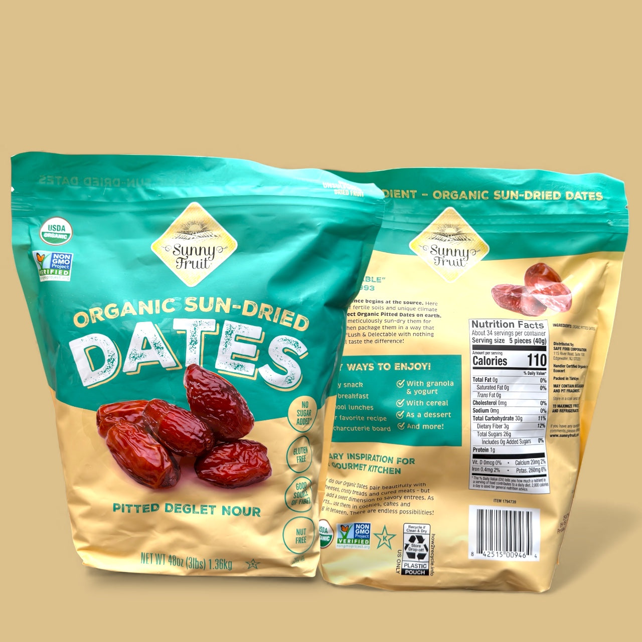 Sunny Fruit Organic Pitted Deglet Nour Dates – 48 Oz