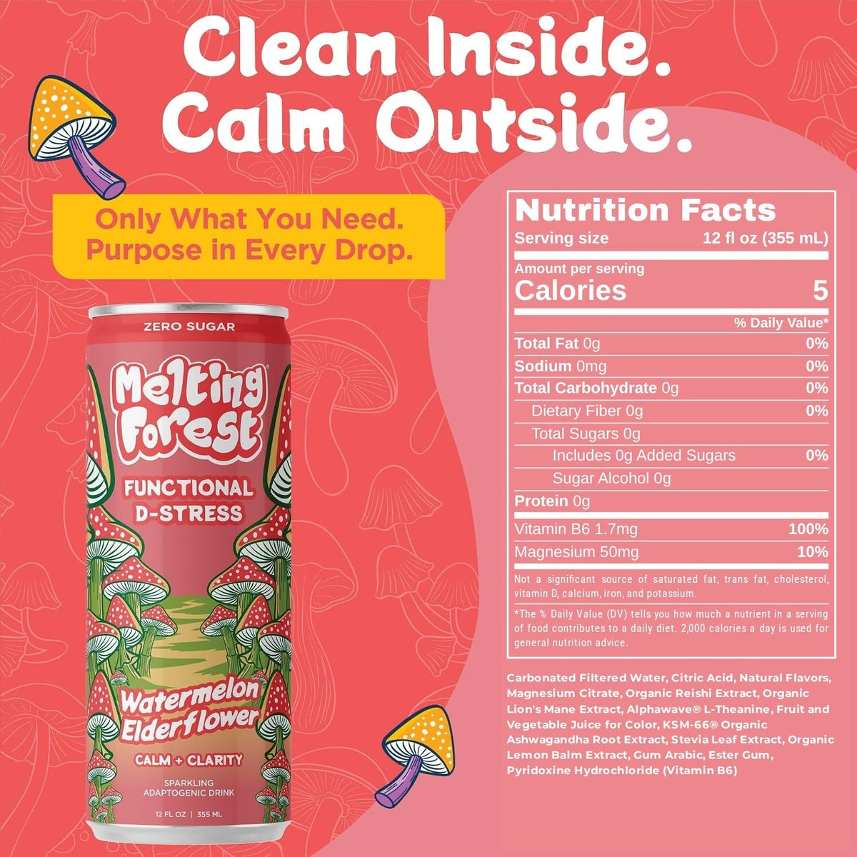 Mushroom D-Stress Drink 12 Pack - Watermelon Elderflower