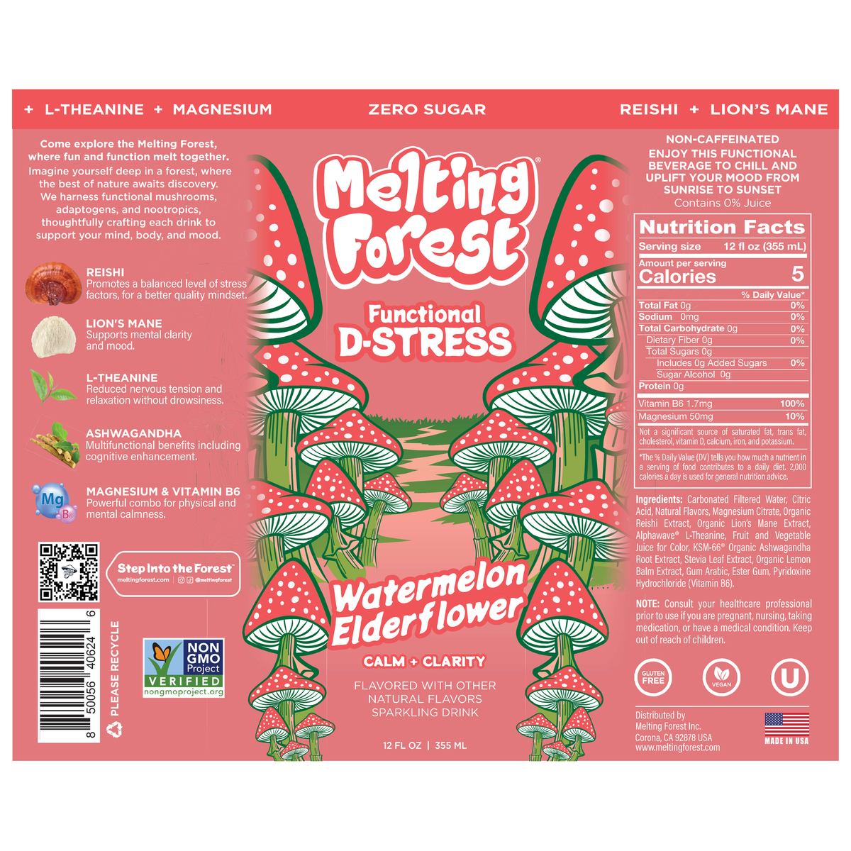 Mushroom D-Stress Drink 12 Pack - Watermelon Elderflower