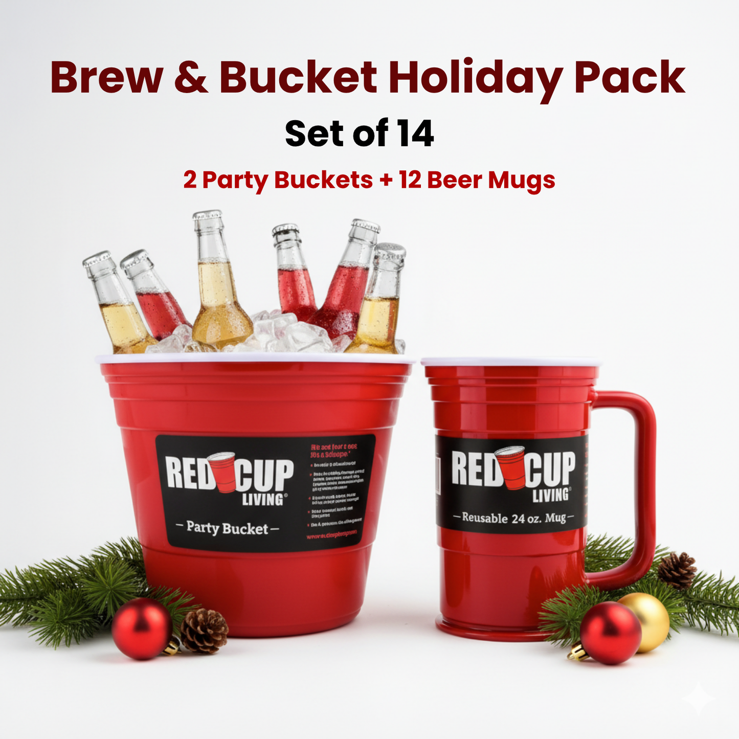 RedCupliving Brew & Bucket Holiday Pack | 2 Party Buckets + 12 Beer Mugs