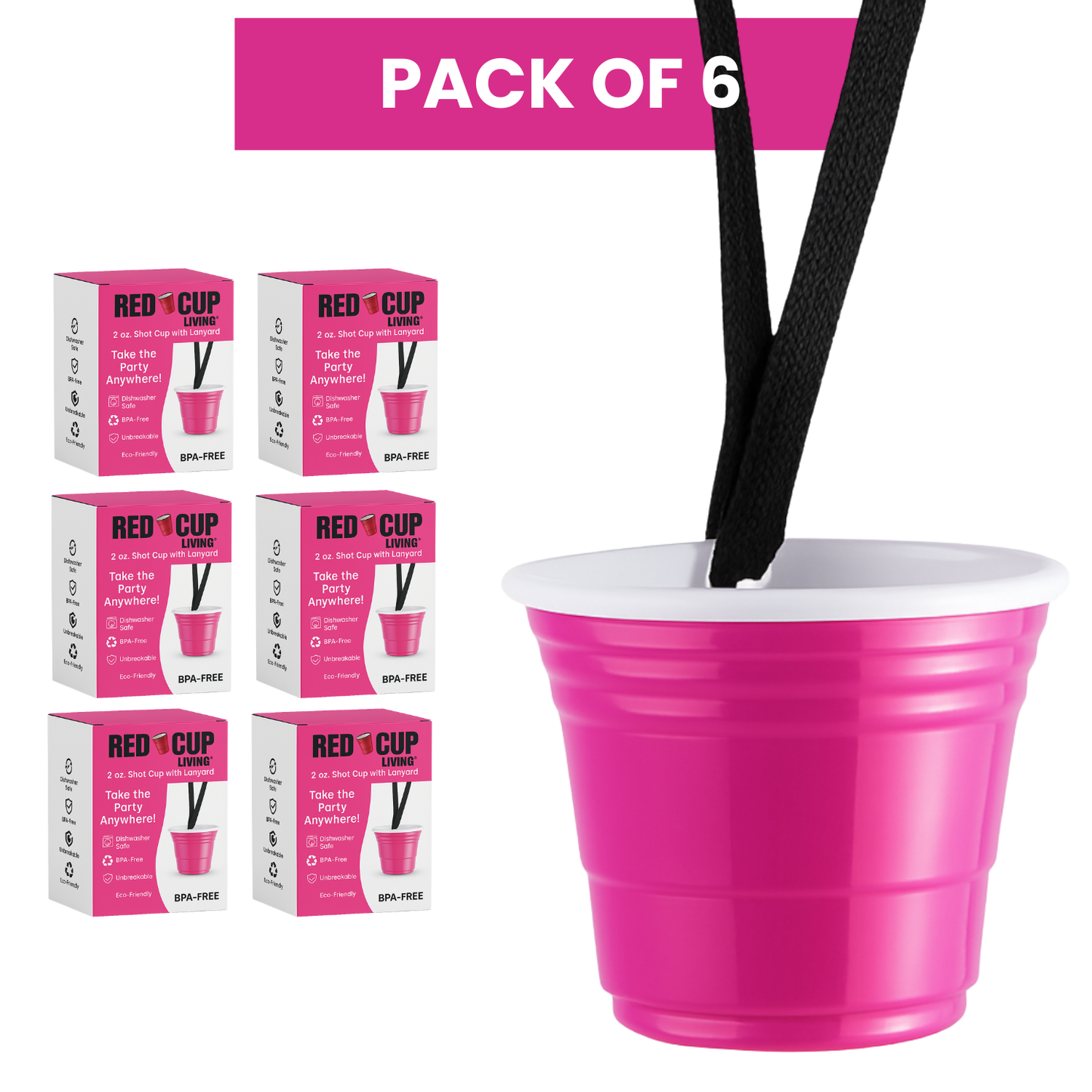 Redcupliving 2 oz Pink Reusable Shot Cup with Lanyard