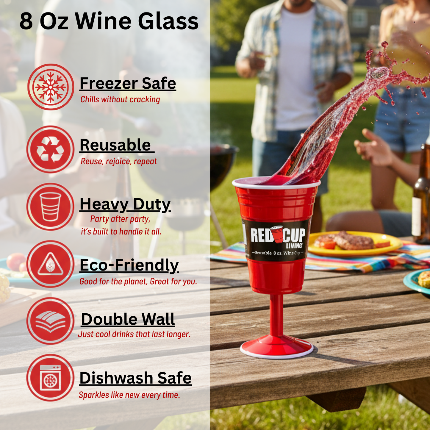 Redcupliving Reusable 8oz Stemmed Red Plastic Wine Cup