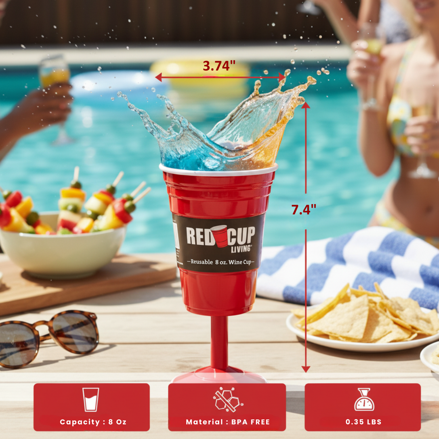 Redcupliving Reusable 8oz Stemmed Red Plastic Wine Cup