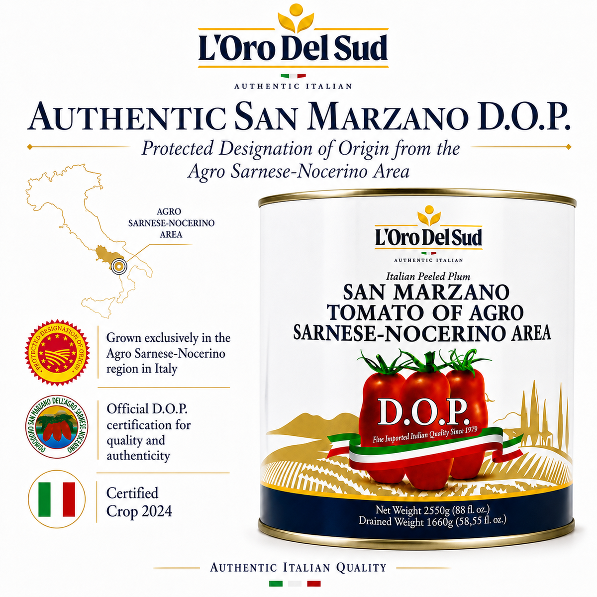 L'Oro Del Sud, D.O.P San Marzano Tomatoes of Agro Sarnese-Nocerino Area, 2550g (89.9 oz)