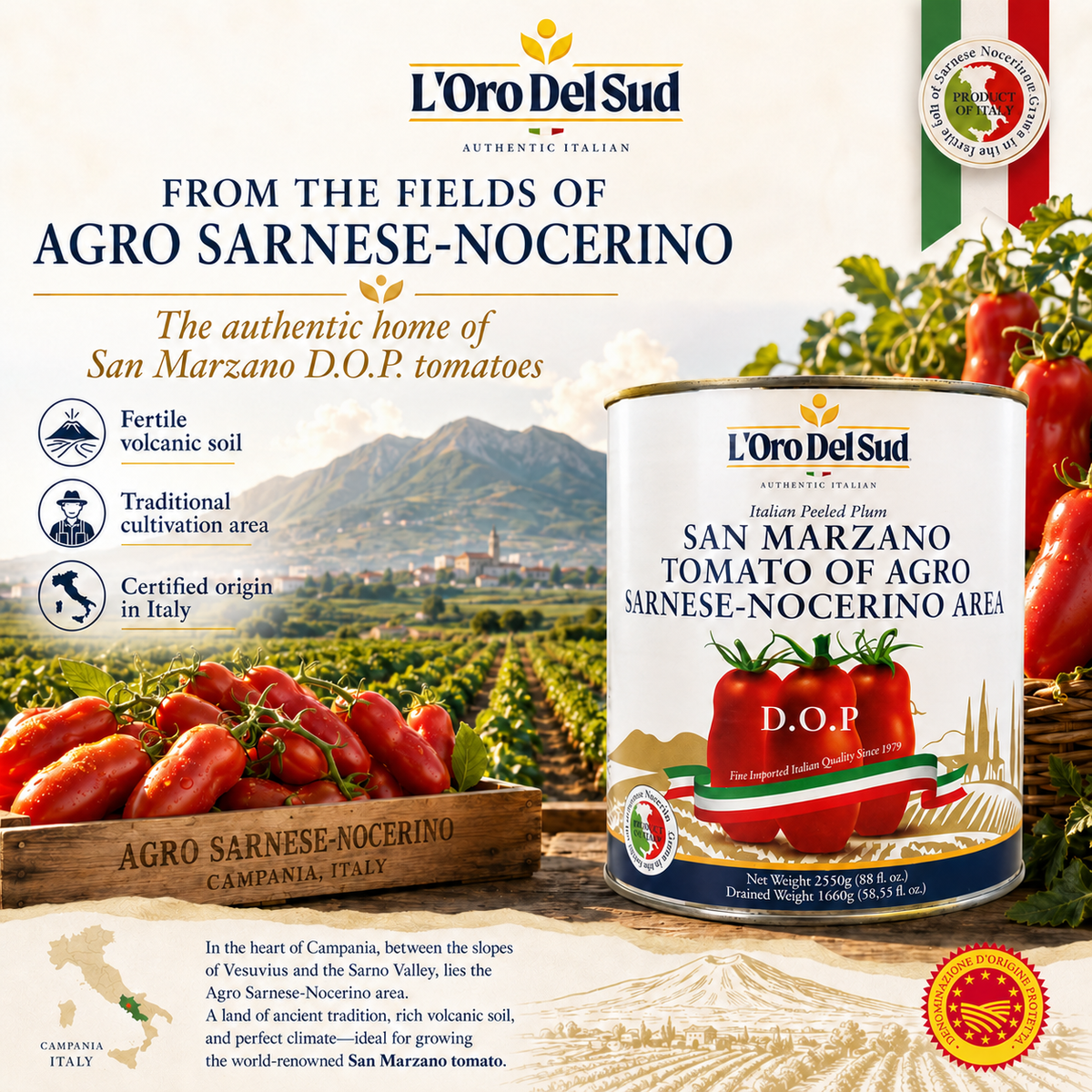 L'Oro Del Sud, D.O.P San Marzano Tomatoes of Agro Sarnese-Nocerino Area, 2550g (89.9 oz)