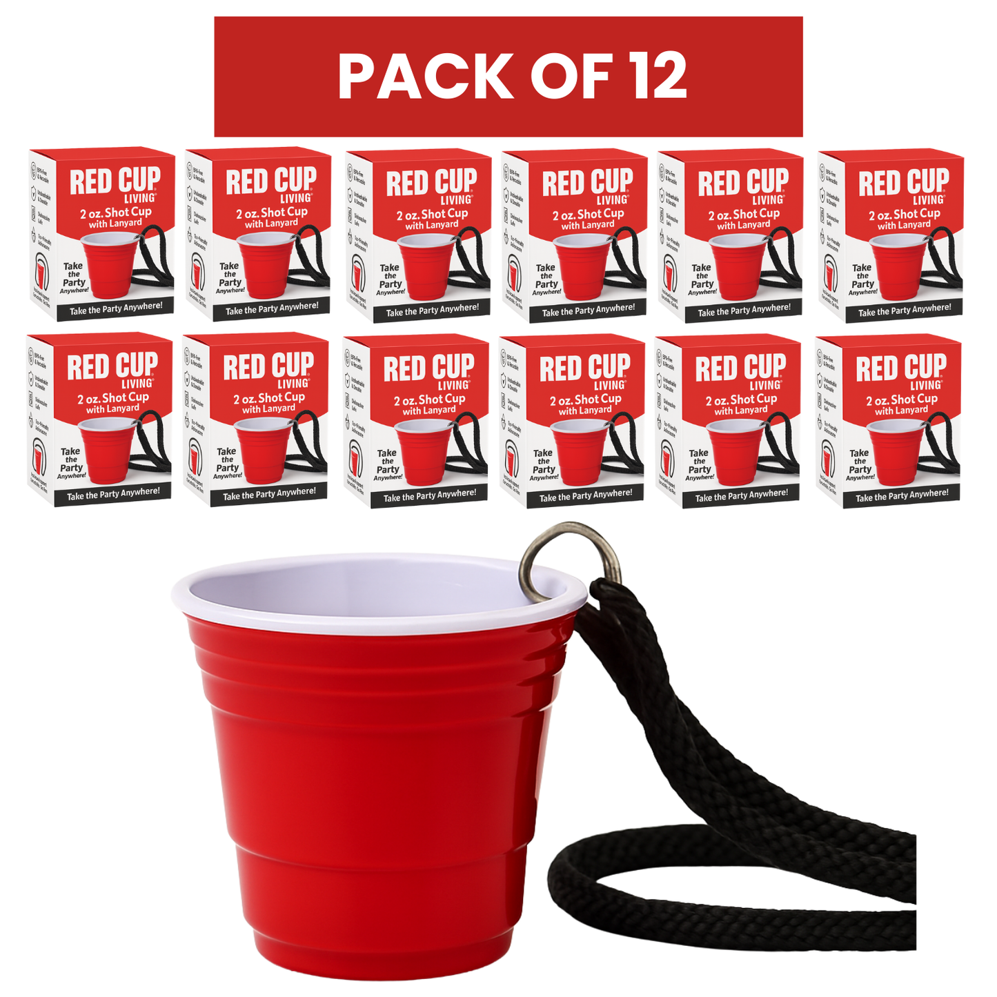 Redcupliving Reusable Red Plastic Shot Cup with Lanyard, 2 oz