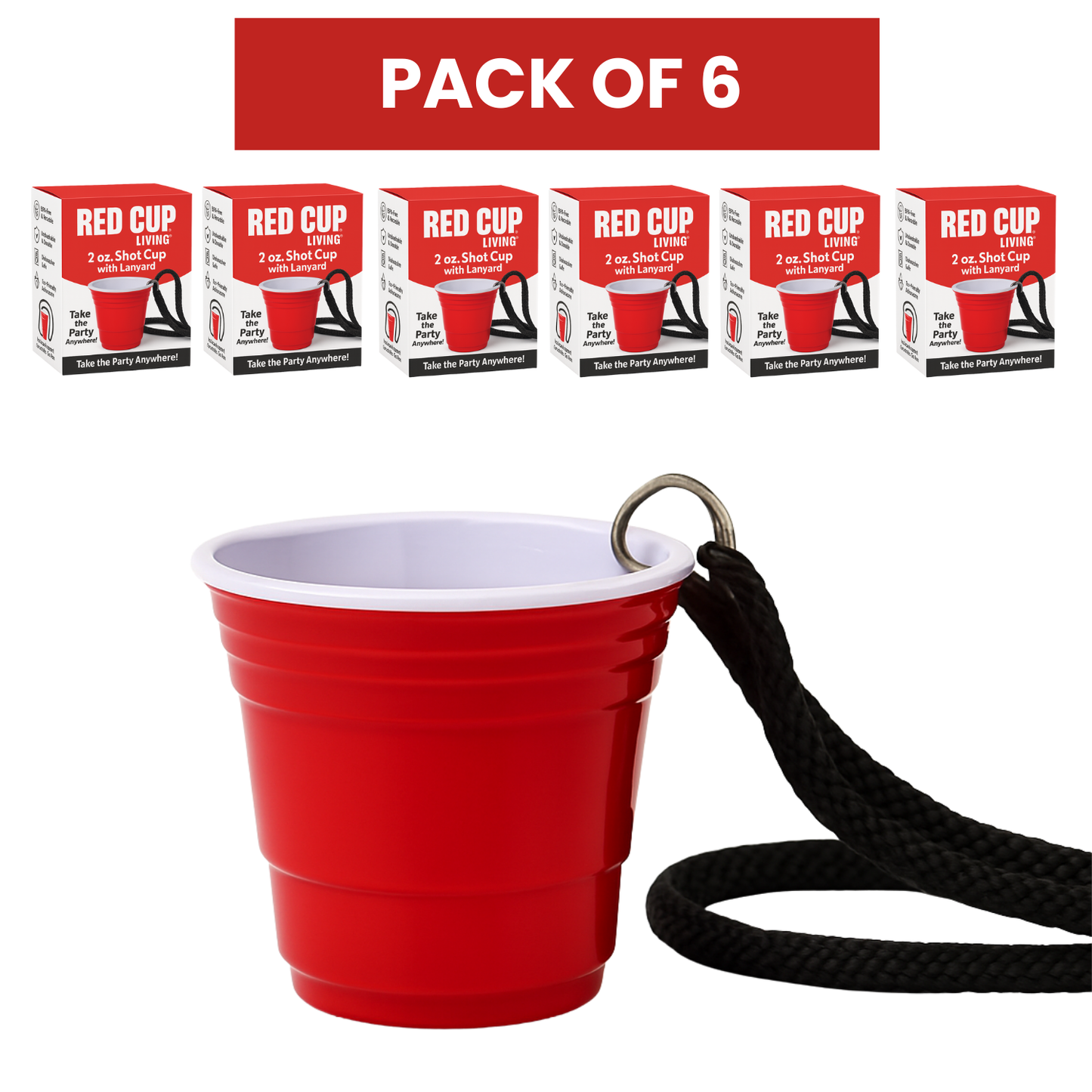 Redcupliving Reusable Red Plastic Shot Cup with Lanyard, 2 oz