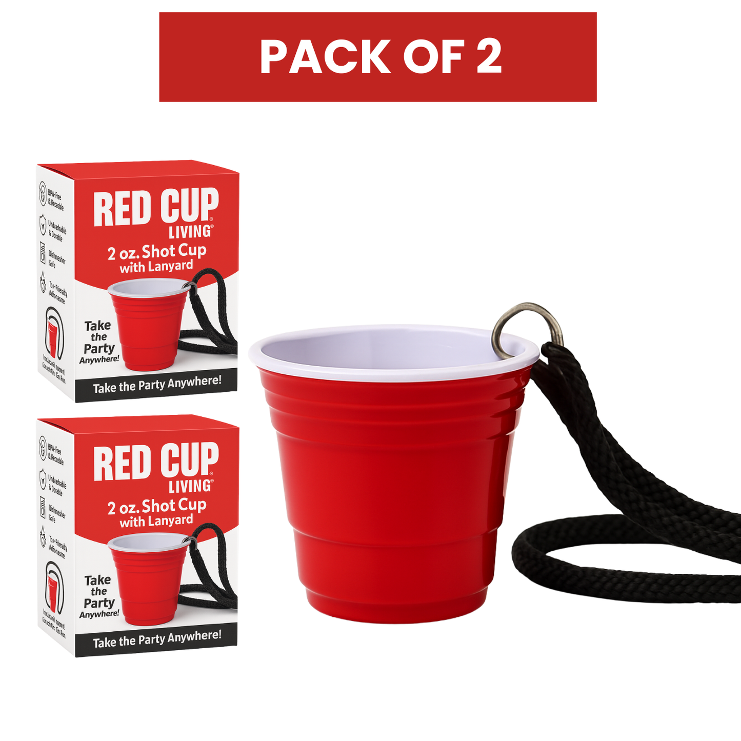 Redcupliving Reusable Red Plastic Shot Cup with Lanyard, 2 oz