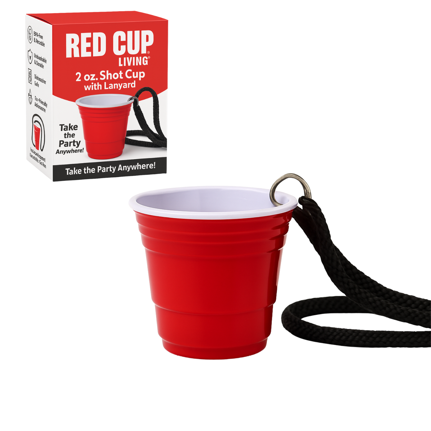 Redcupliving Reusable Red Plastic Shot Cup with Lanyard, 2 oz