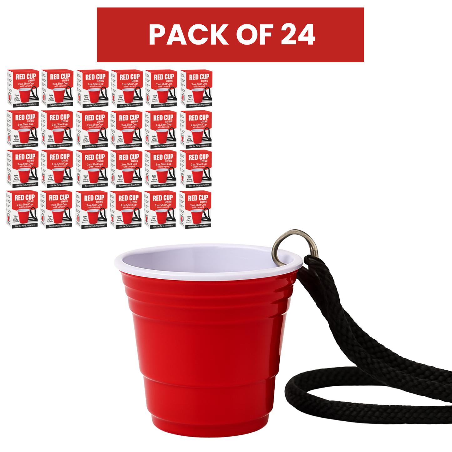 Redcupliving Reusable Red Plastic Shot Cup with Lanyard, 2 oz