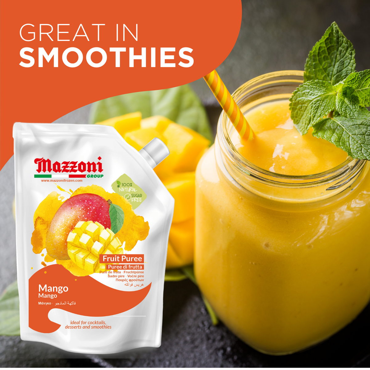 Mazzoni Mango Purée – 100% Fruit, No Sugar Added – 1 kg (2.2 lb)