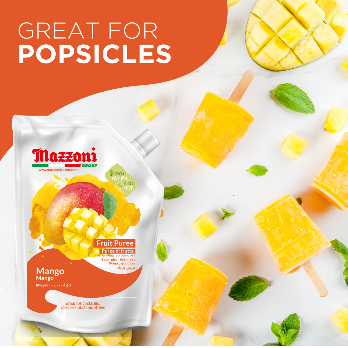 Mazzoni Mango Purée – 100% Fruit, No Sugar Added – 1 kg (2.2 lb)