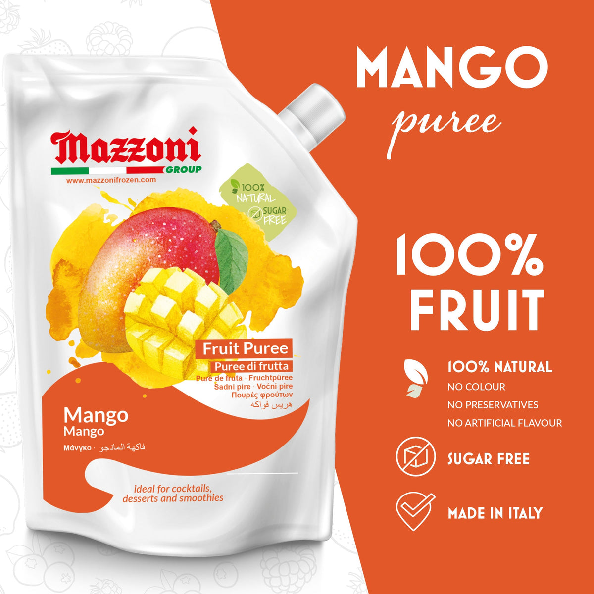 Mazzoni Mango Purée – 100% Fruit, No Sugar Added – 1 kg (2.2 lb)
