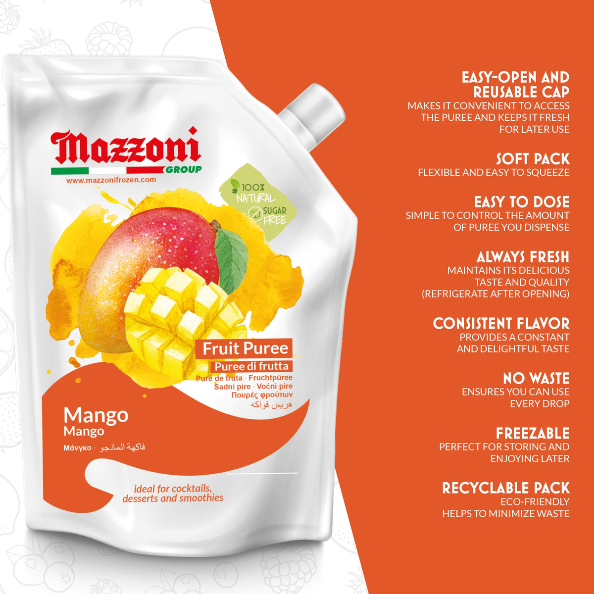 Mazzoni Mango Purée – 100% Fruit, No Sugar Added – 1 kg (2.2 lb)