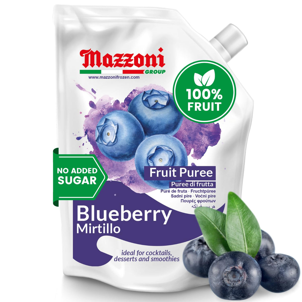 Mazzoni, Blueberry Puree, 100% Pure Blueberries, Just Fruit, No Sugar Added pouch 2.2 lb