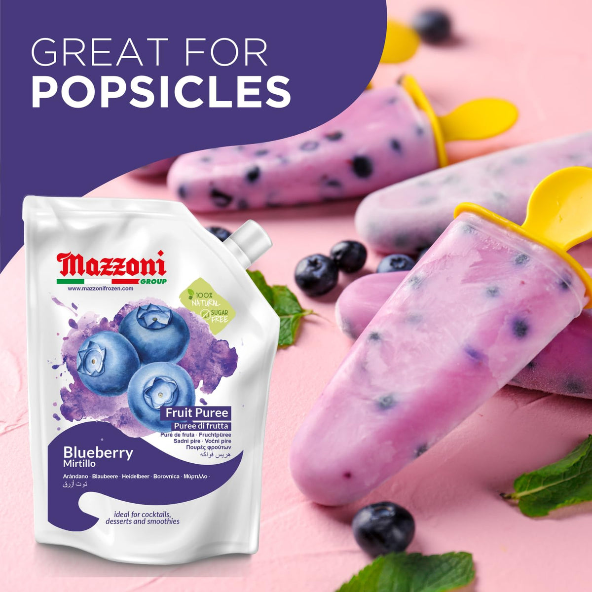 Mazzoni, Blueberry Puree, 100% Pure Blueberries, Just Fruit, No Sugar Added pouch 2.2 lb