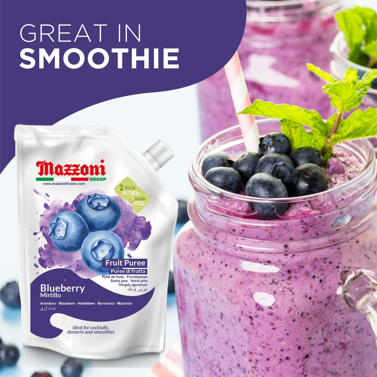 Mazzoni, Blueberry Puree, 100% Pure Blueberries, Just Fruit, No Sugar Added pouch 2.2 lb