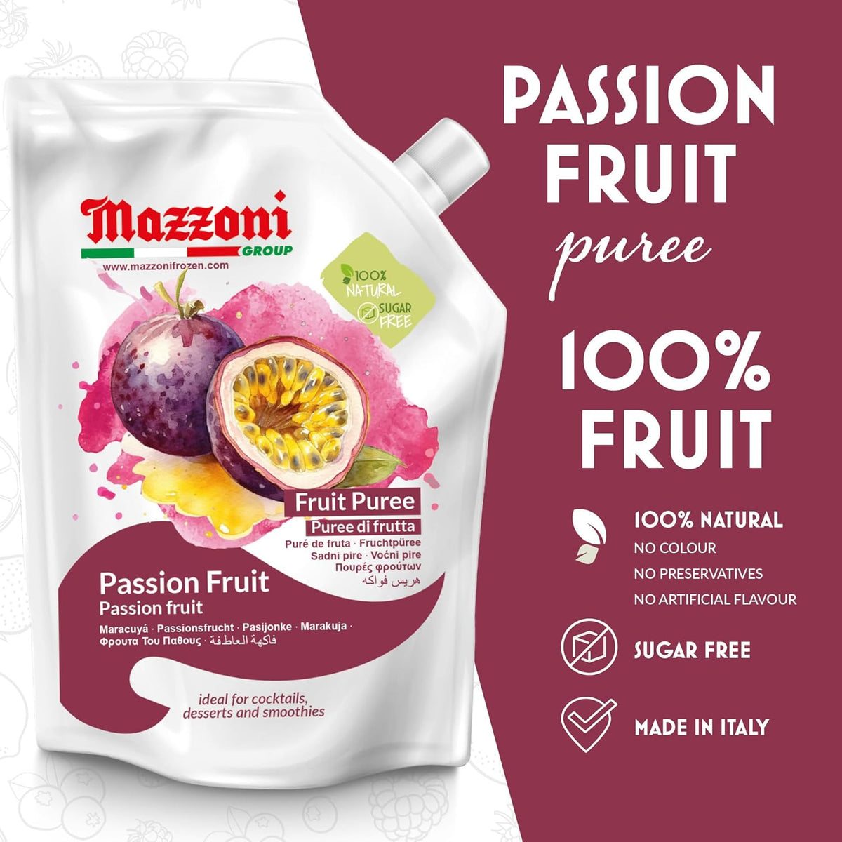 Mazzoni Passion Fruit (Maracuyá) Purée – 100% Fruit, No Sugar Added – 1 kg (2.2 lb)