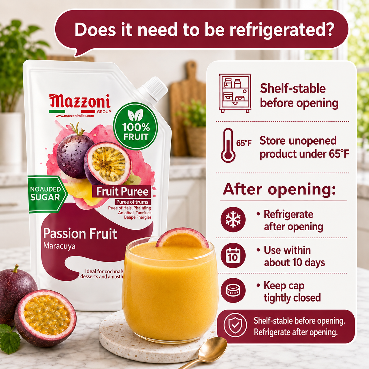 Mazzoni Passion Fruit (Maracuyá) Purée – 100% Fruit, No Sugar Added – 1 kg (2.2 lb)