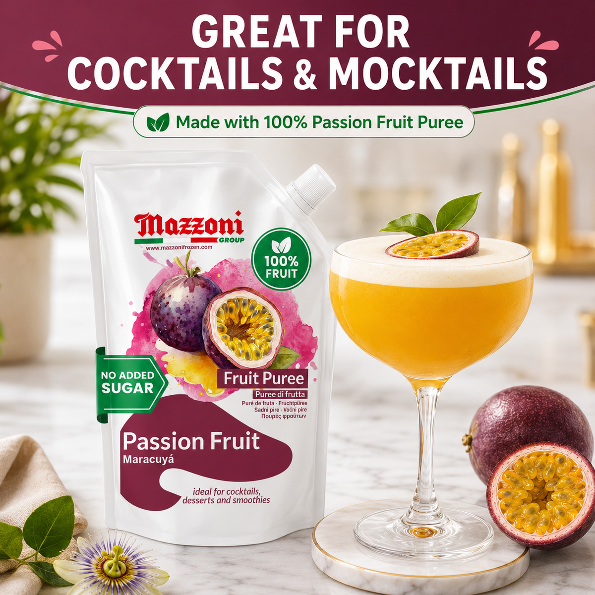 Mazzoni Passion Fruit (Maracuyá) Purée – 100% Fruit, No Sugar Added – 1 kg (2.2 lb)