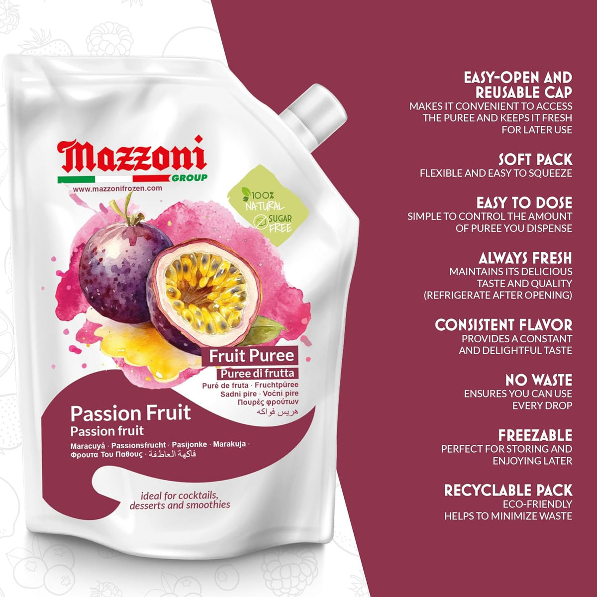 Mazzoni Passion Fruit (Maracuyá) Purée – 100% Fruit, No Sugar Added – 1 kg (2.2 lb)