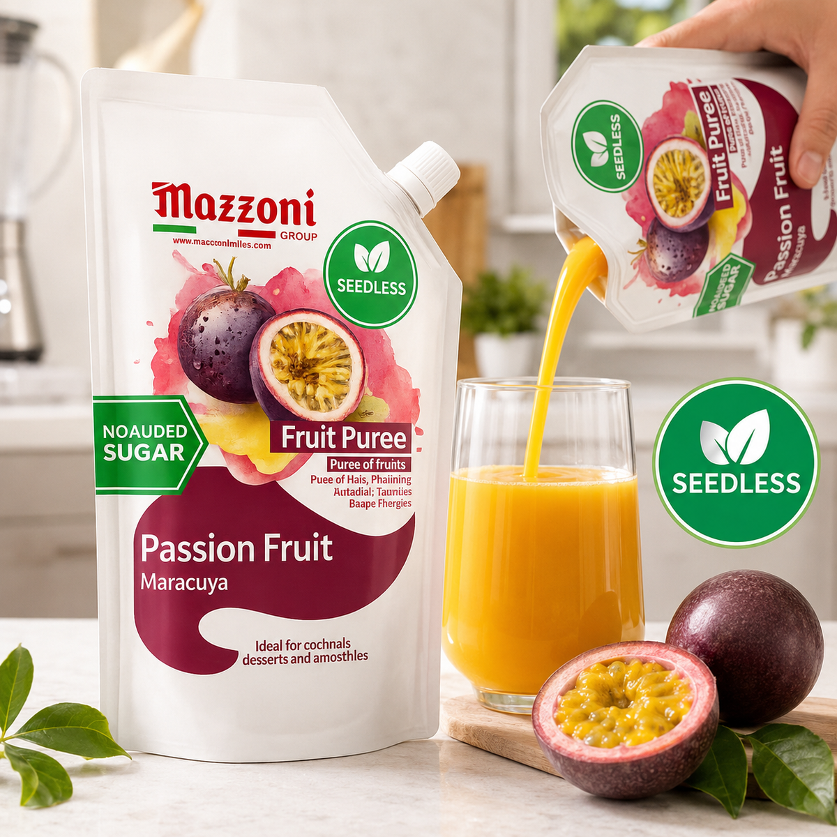 Mazzoni Passion Fruit (Maracuyá) Purée – 100% Fruit, No Sugar Added – 1 kg (2.2 lb)