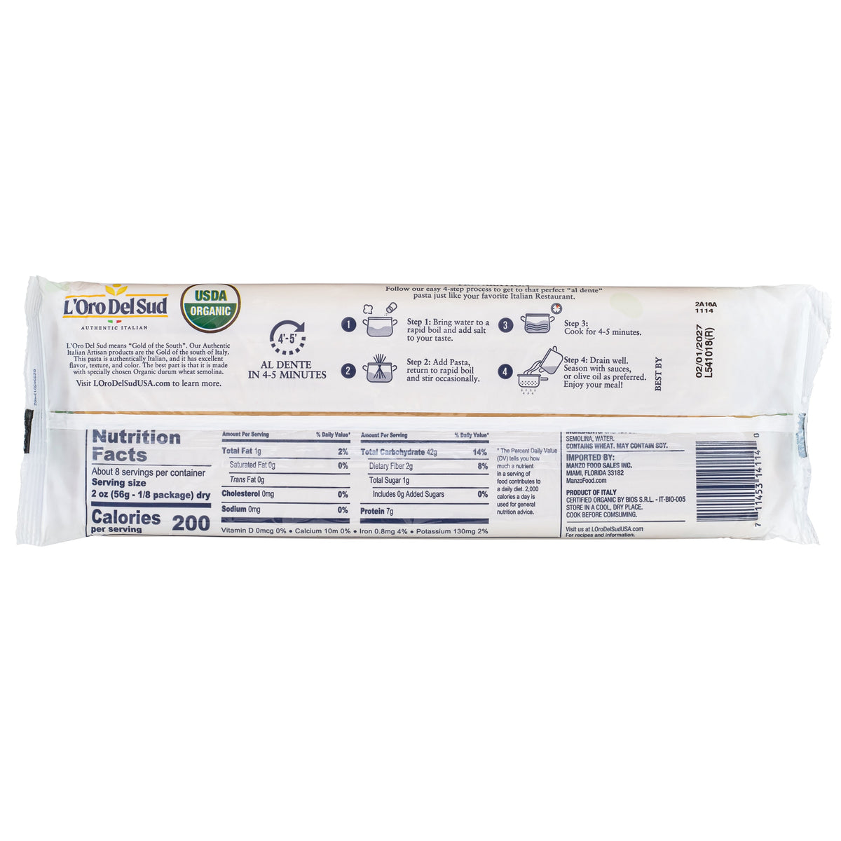 L'Oro Del Sud, Organic Fettuccine Pasta 20 Pack x 1 lb