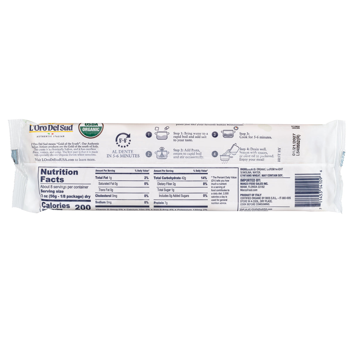 L'Oro Del Sud, Organic Spaghettini Pasta 20 Pack x 1 lb