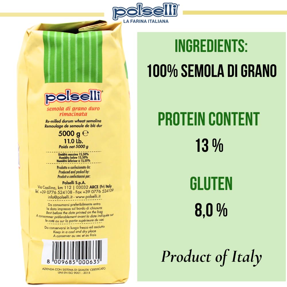 Polselli Semola Rimacinata Durum Wheat Flour – 5 kg (11 lb)