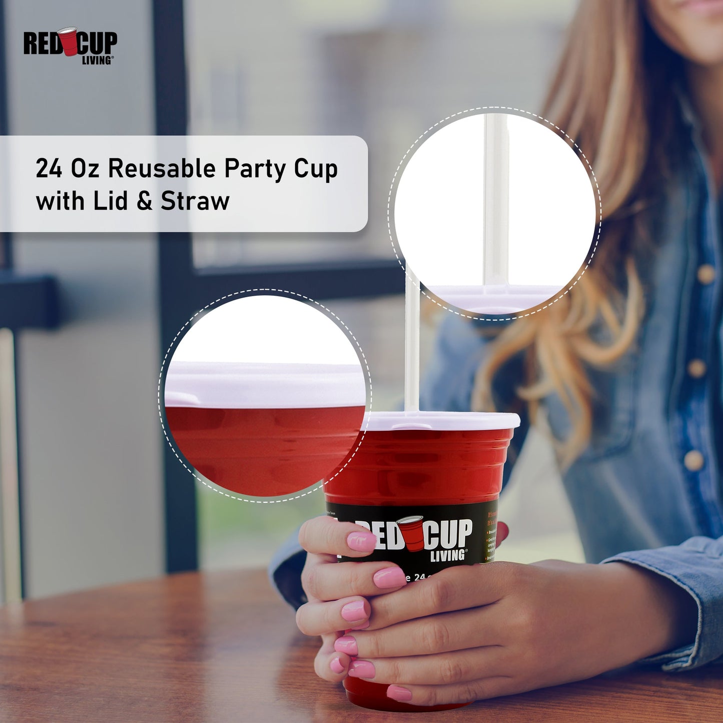 24oz Reusable Red Party Cups & Lids w/ Straws