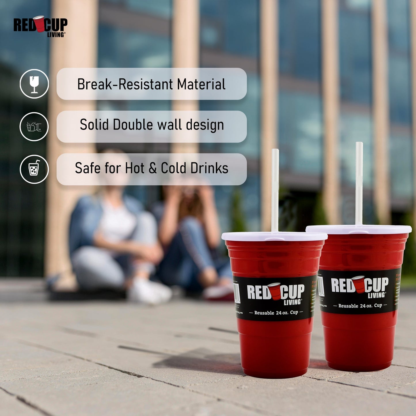 24oz Reusable Red Party Cups & Lids w/ Straws