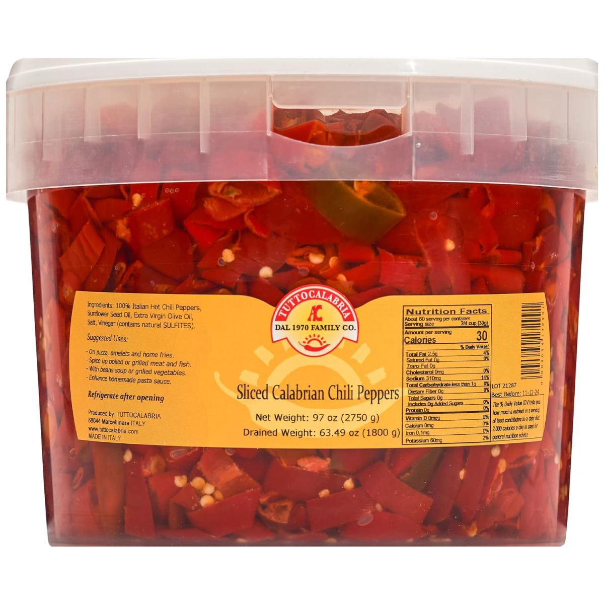 TuttoCalabria Sliced Calabrian Chili Peppers – Foodservice Tub – 98 oz