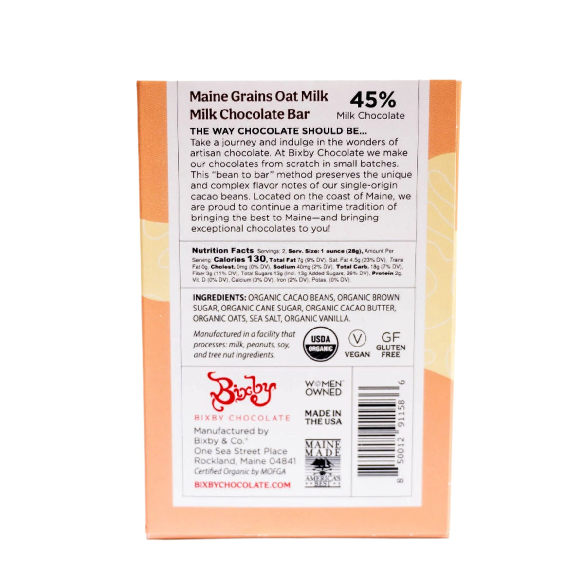 Organic Maine Grains Oat Milk Chocolate Bar (Vegan)