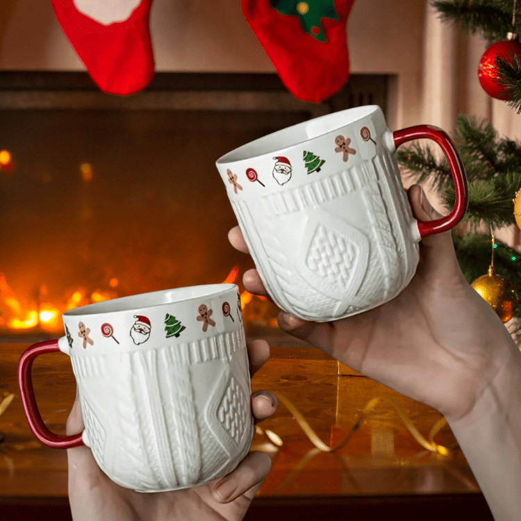 Christmas Ceramic Mug Set – Cozy Sweater Style Coffee Mugs, Holiday Gift