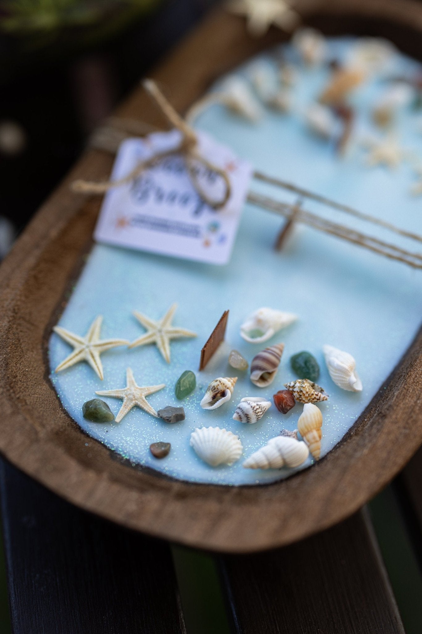 Handcrafted Seashell & Starfish Soy Wax Candle | Farmhouse Summer Decor | Triple Wooden Wicks