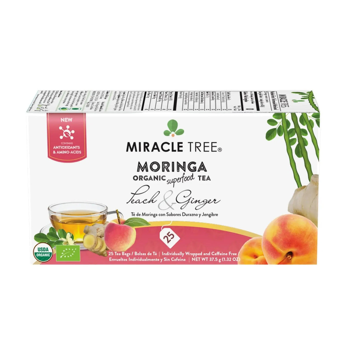 Organic Moringa Tea - Peach & Ginger - Natural Energy Support-Free Herbal Tea