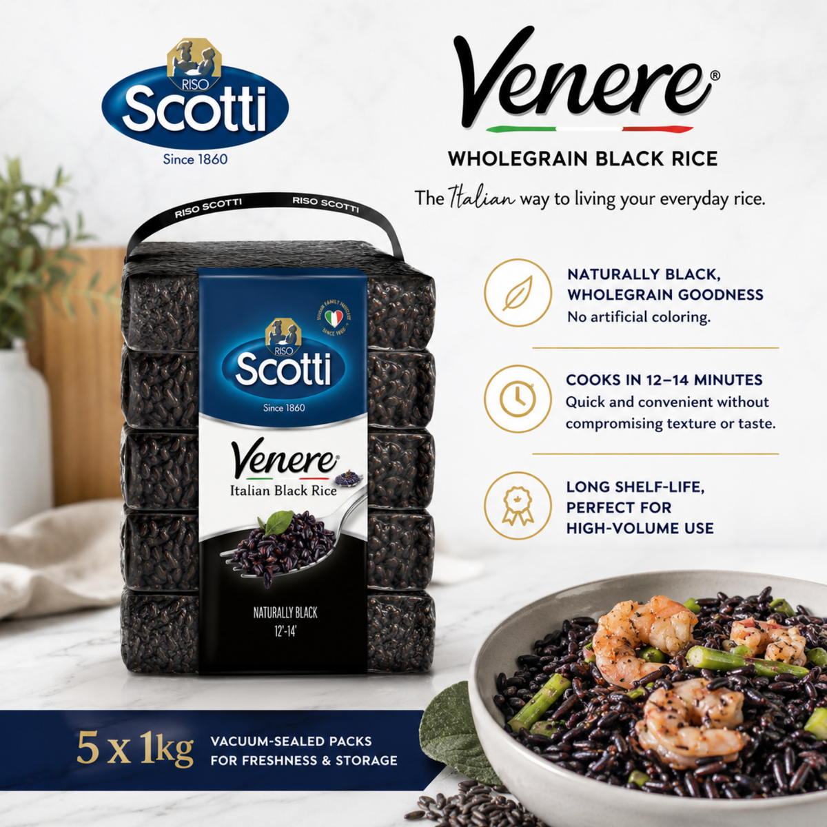 Riso Scotti Venere Black Italian Rice – 5 x 1 kg (11 lb) Bulk